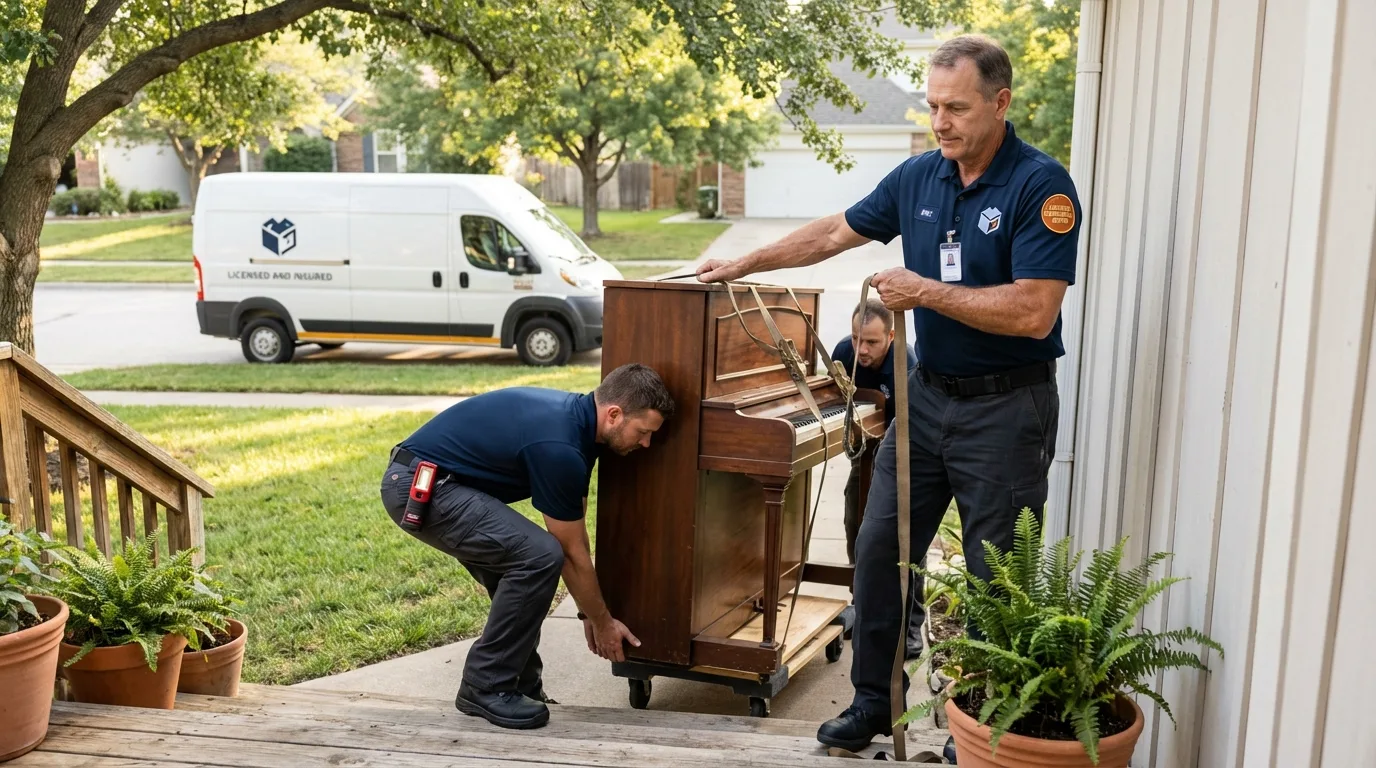 Licensed piano movers securing grand piano in Nashville, IL