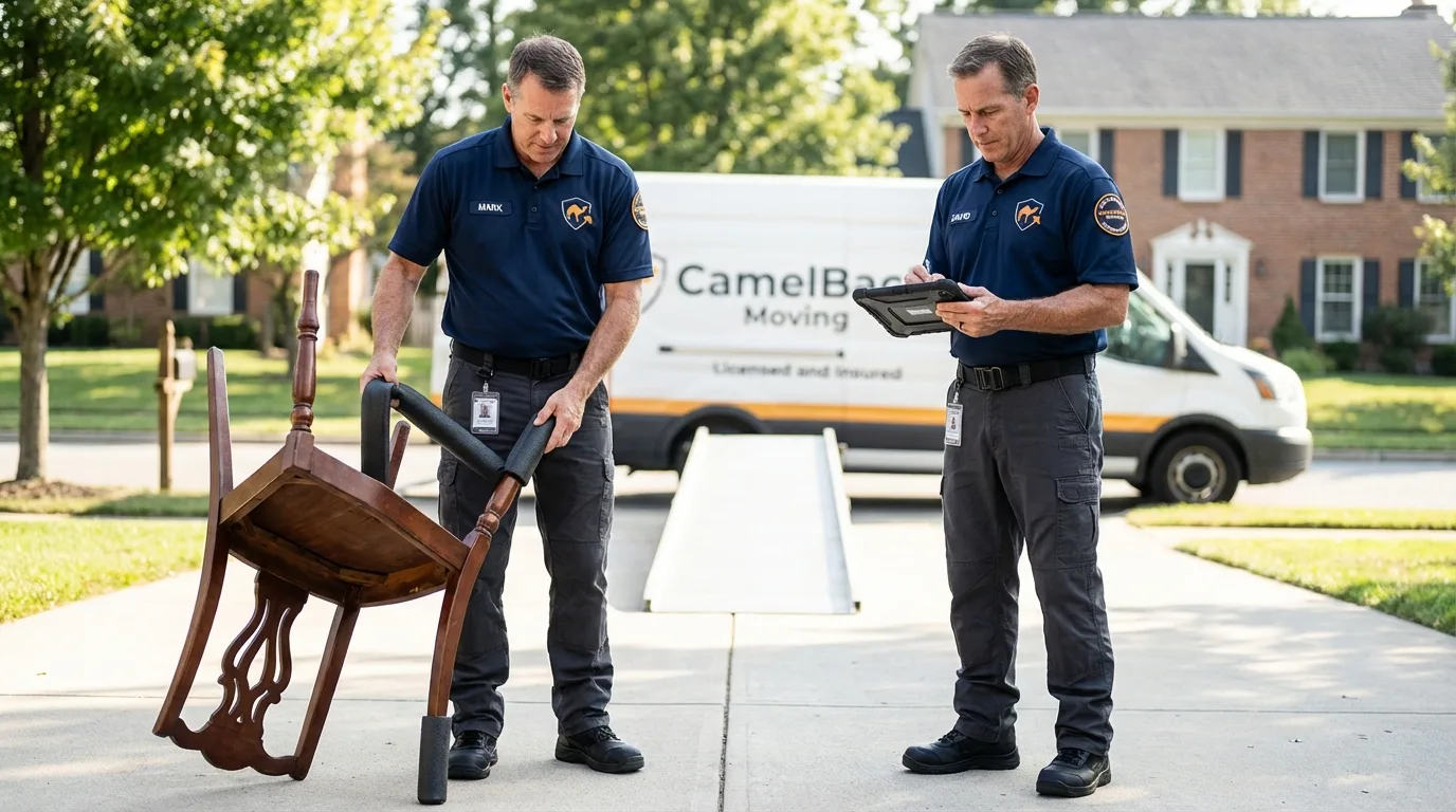Movers inspecting furniture for damage prevention before loading in Nashville, IL