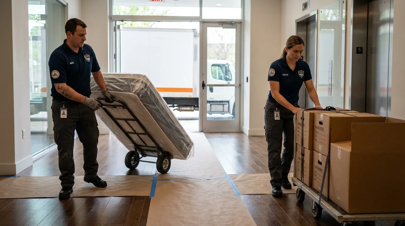 Professional apartment movers loading elevator in Nashville, IL
