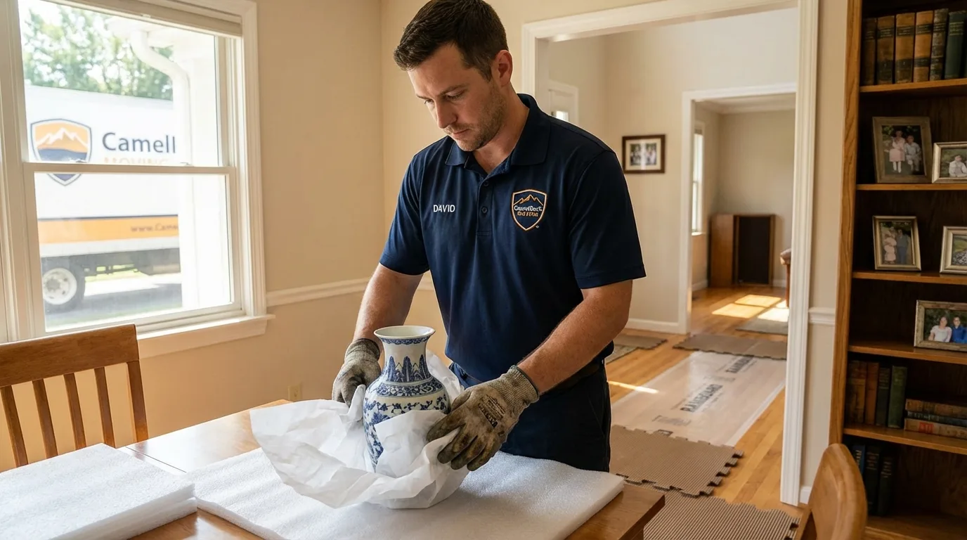Professional crew carefully wrapping antique vase for senior downsizing move in Nashville, IL