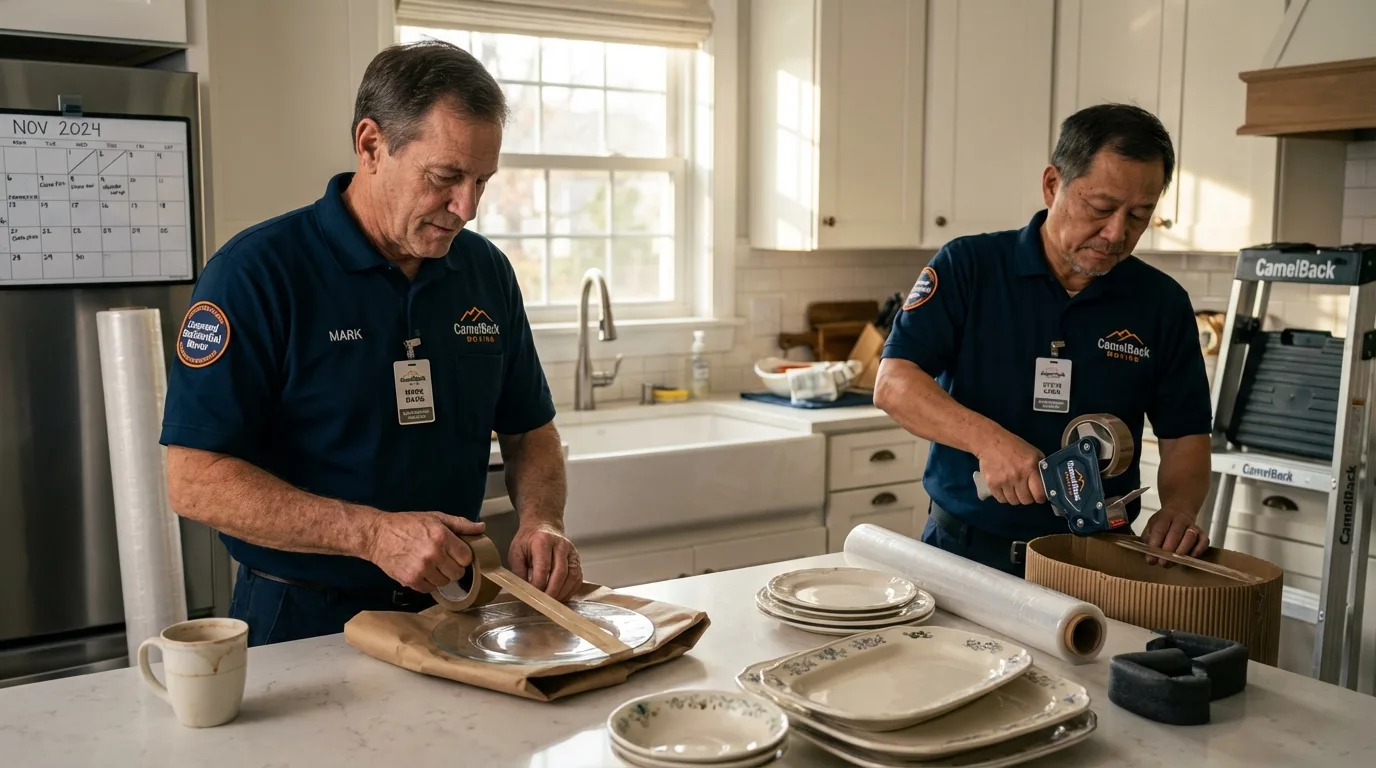 Professional crew packing kitchen dishware in Nashville, IL